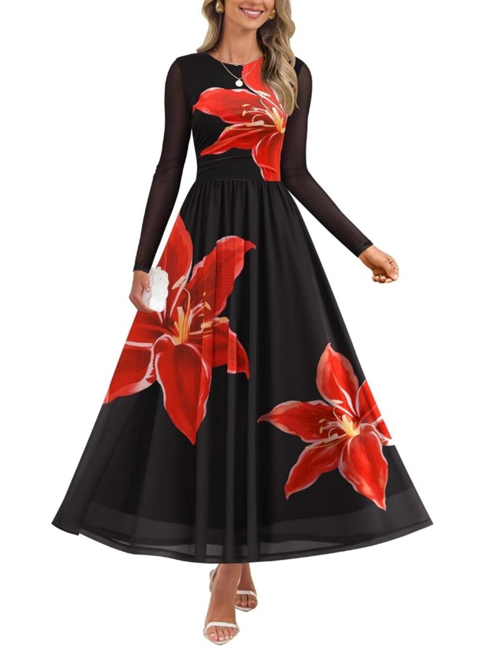 Women's Black Crewneck Maxi Dress Long Sleeve Slimming Cocktail Party Dresses